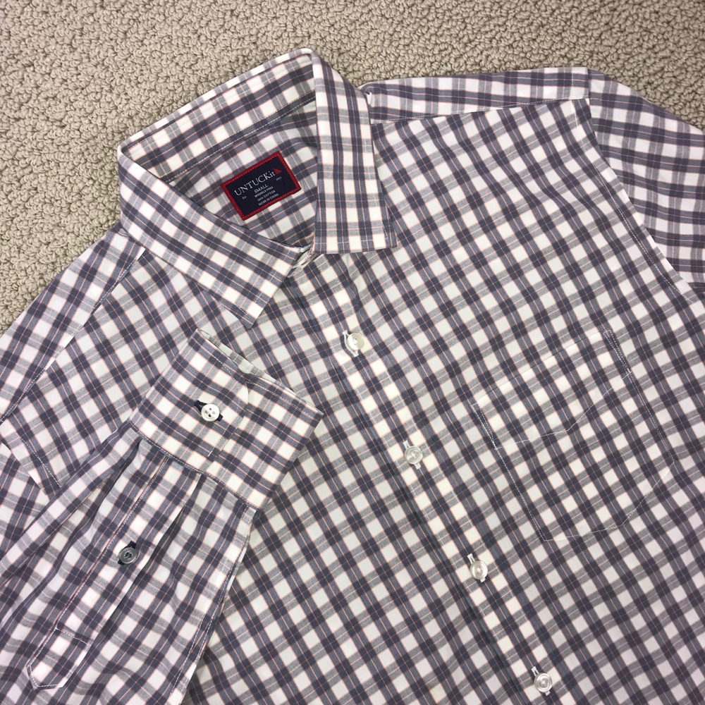 UNTUCKit Small Wrinkle Free Cotton Check Button Down Shirt Navy White Orange